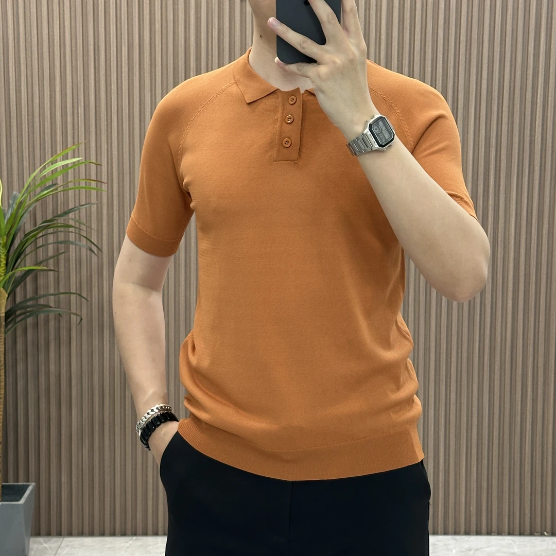 大码男装夏季高品质轻奢冰丝商务短袖翻领简约男士针织上衣T恤