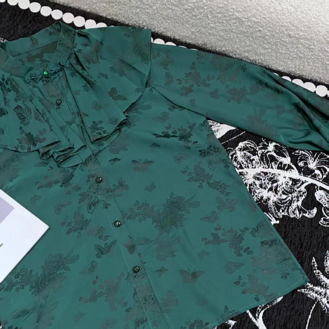 【蝶影】新中式贵气立领压褶重磅提花衬衫女长袖