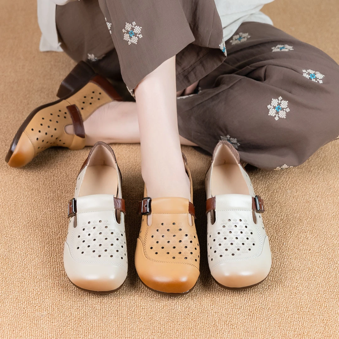 新款休闲真皮夏季百搭舒适通勤女鞋平底防滑复古软底女单鞋 2091