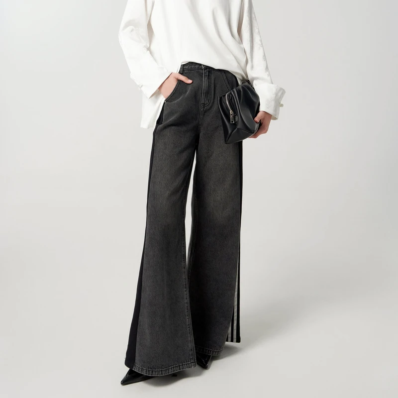 U/TI 深灰色侧边撞色条纹织带高腰复古港风百搭直筒阔腿牛仔裤