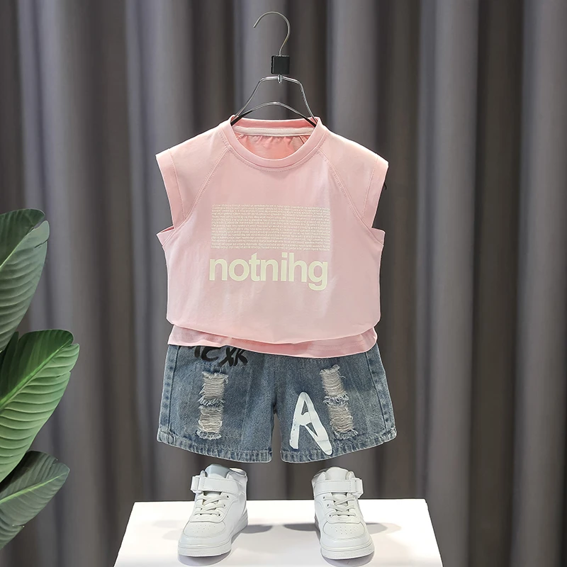 男童夏装套装儿童时髦破洞牛仔短裤两件套中大童夏季洋气无袖背心