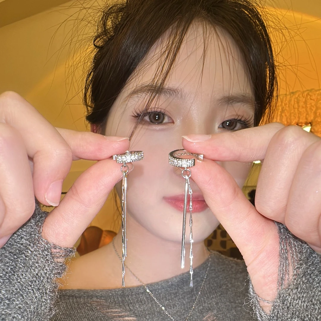 铜合金耳饰 无耳洞耳夹耳环女镶钻长款流苏时尚耳骨夹小众设计