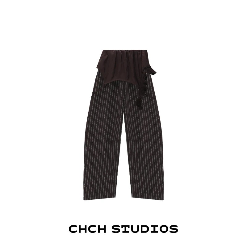 RACK123972时尚拼接竖条纹休闲裤女2025年冬新款洋气屁帘直筒长裤