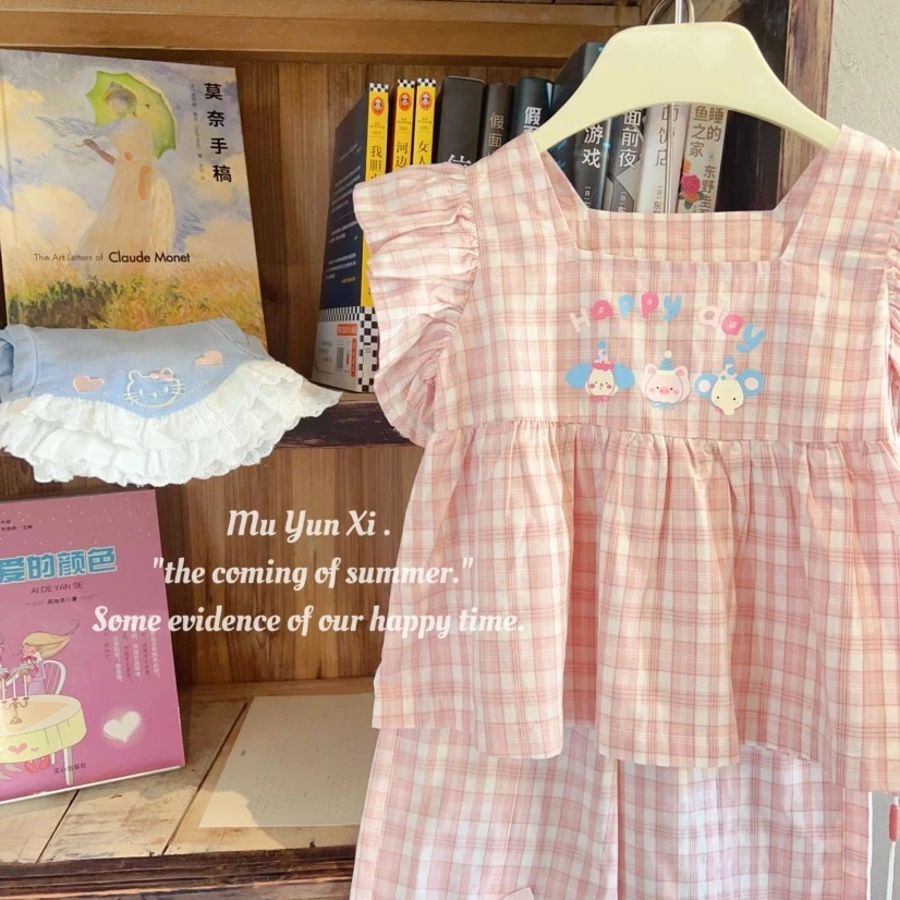 女童夏季粉色格子【娃娃衫】甜美娃娃衫儿童宝宝洋气夏装童装小童