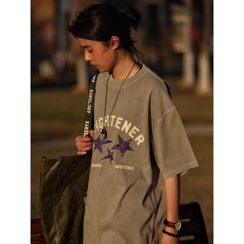 Cebrodz美式新款纯棉复古星星字母印花百搭宽松国潮男女短袖T恤夏