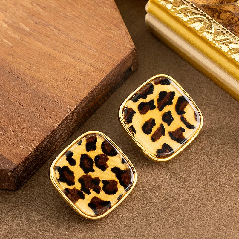 铜合金耳饰 鼎溢时尚精致方形豹纹耳钉个性美拉德风zy