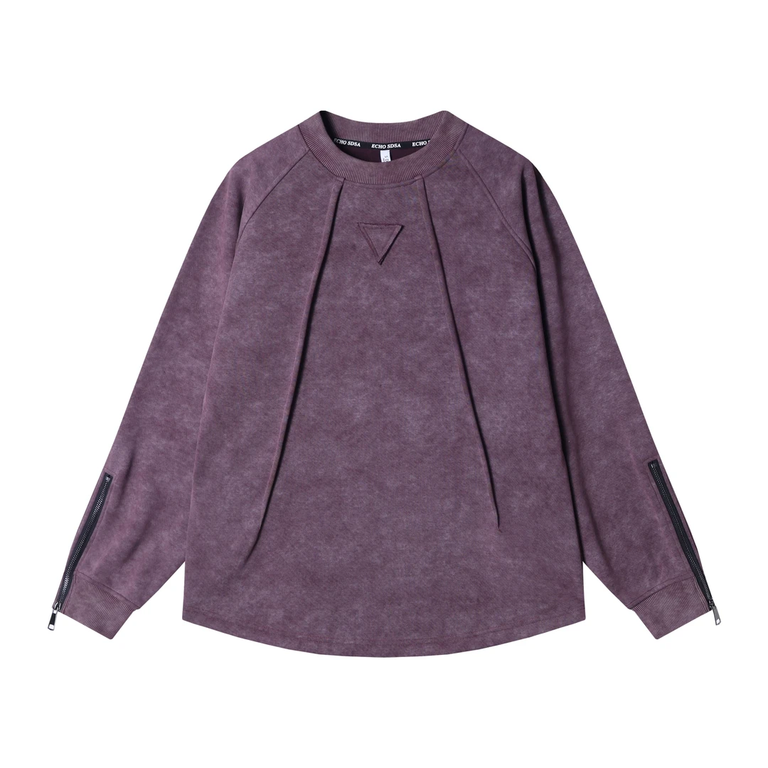 秋冬季新款时尚个性双拉链扎染倒三角褶皱圆领上衣百搭情侣WY934