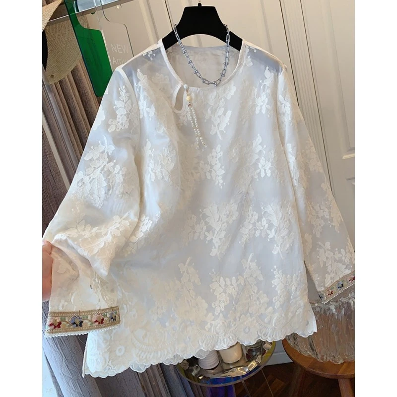 7865高级感绝美新中式百搭刺绣蕾丝衬衫宽松休闲打底衫上衣女春装