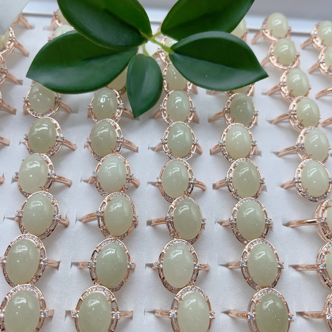 合金镶嵌和田玉蛋面戒指约卡14（拍一发一多样性发货）