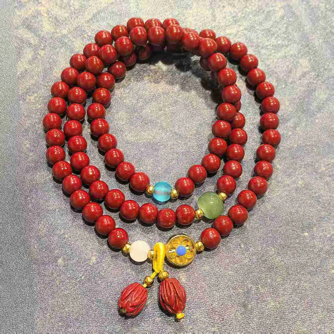 含辰砂工艺品S1380-并蒂开花朱砂0.6莲花花苞双圈手串