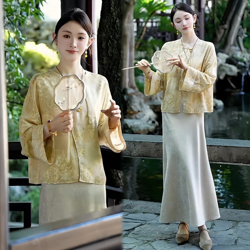 复古风中式时尚套装女2025秋冬新款减龄气质圆领上衣半身裙两件套