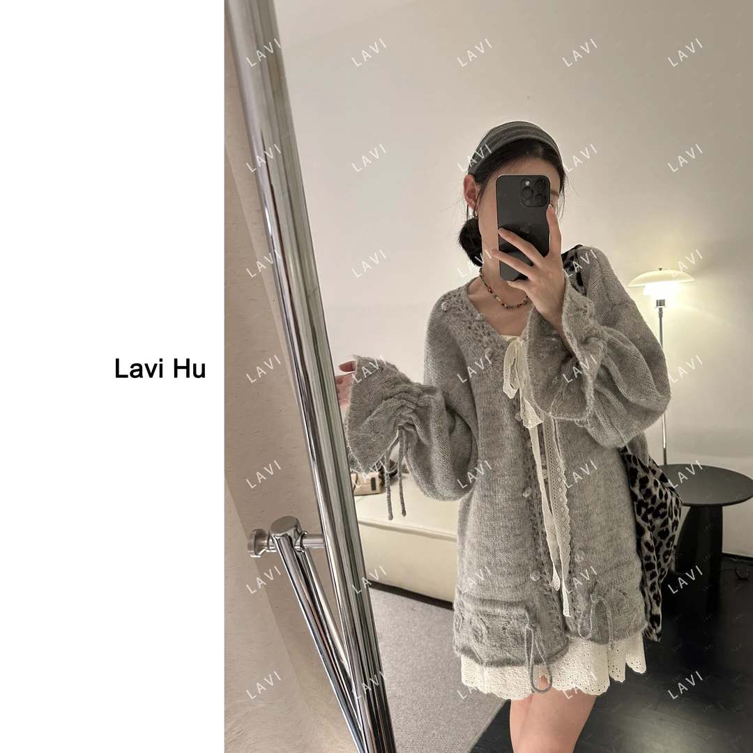 白鹤汀 针织衫V领韩版套头款镂空毛衣H11#