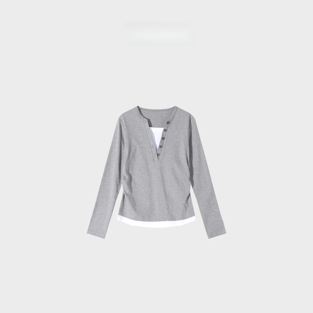 高级灰假两件设计感V领长袖上衣M- 30070