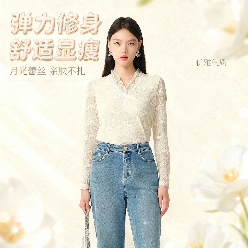 【商场同款】BADINA新款优雅气质高级显瘦蕾丝衫144M273