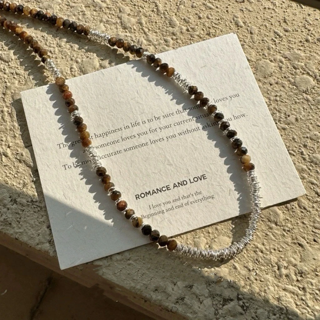 925银银制品 S925银天然虎眼棕色美拉德拼接碎银盘缠项链