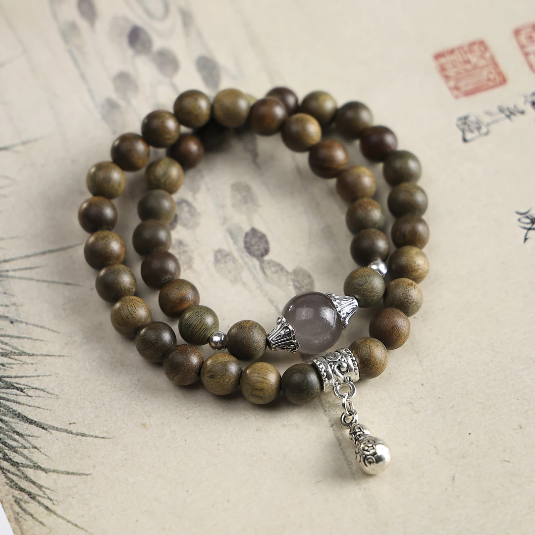 L030绿檀木招财灰晶款时尚手串