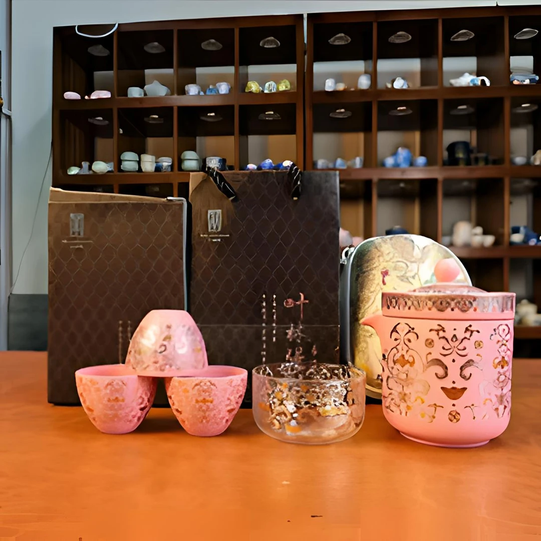 KK0675-粉泥缠枝莲旅行茶具礼盒装手工高档创意陶瓷珐琅彩带盖