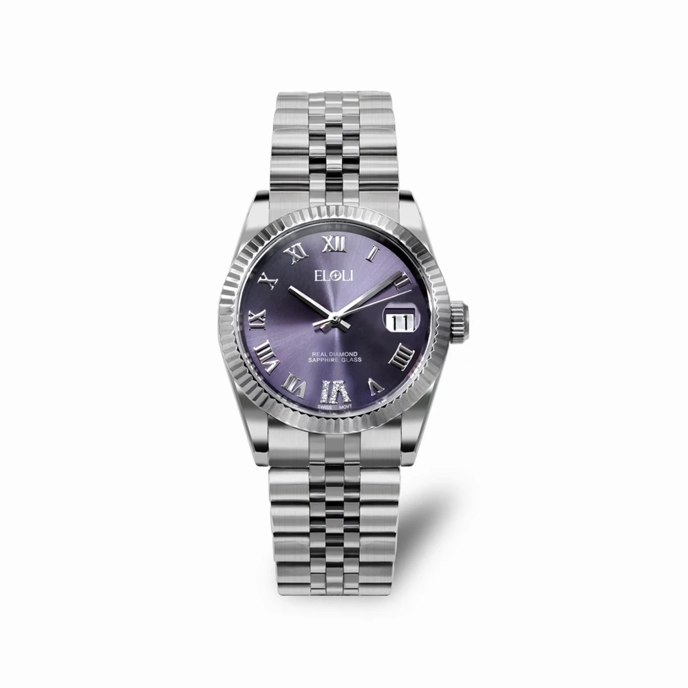 Eloli紫色盘罗马刻度钢带石英情侣女士腕表EL-1413D