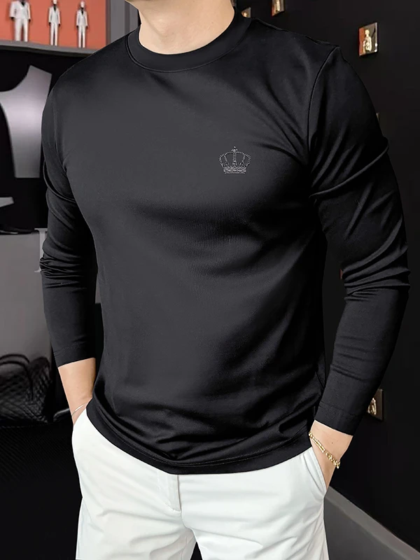 2025年新款秋季男士轻奢圆领长袖T恤男帅气时尚简约皇冠刺绣打底