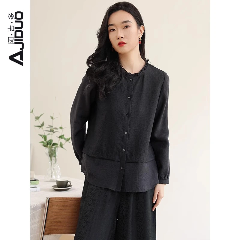 阿吉多A31015天丝衬衫女2025春季新款长袖提花衬衣复古高级上衣