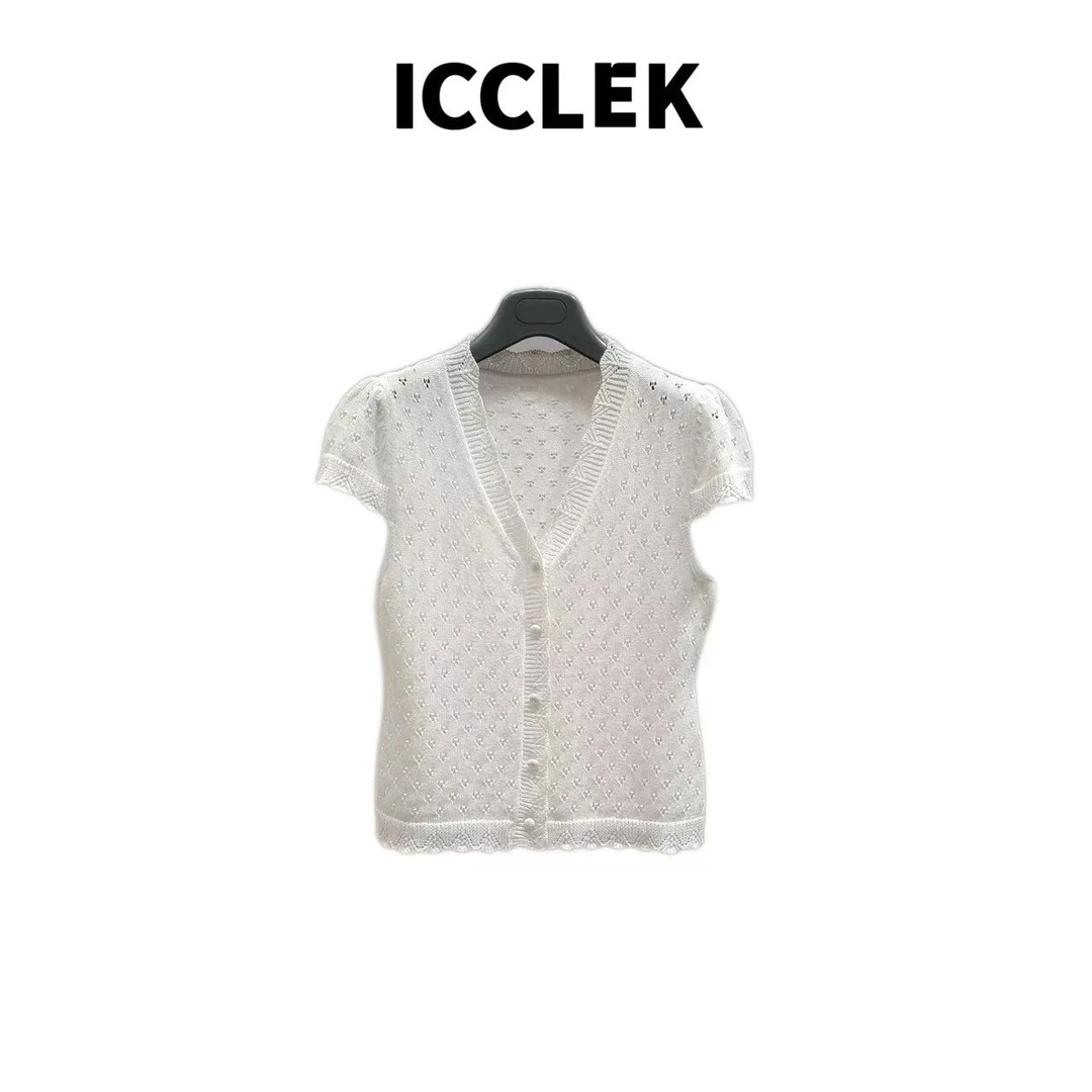 ICCLEK 白色V领套头短袖薄款夏季针织衫修身气质百搭减龄-5712