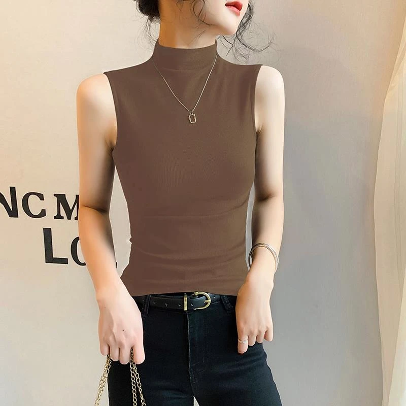 咖色半高领无袖背心女2025夏季新款莫代尔紧身打底遮副乳显瘦上衣