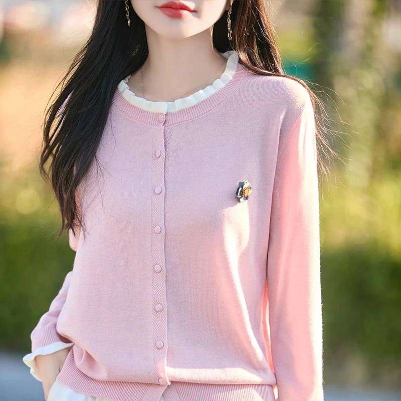 2025春装新款时尚百搭撞色木耳边圆领软糯羊毛薄款长袖针织开衫