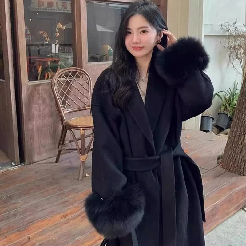 韩版高级感时尚毛呢外套女秋冬季新款大衣设计感可拆卸毛毛袖上衣