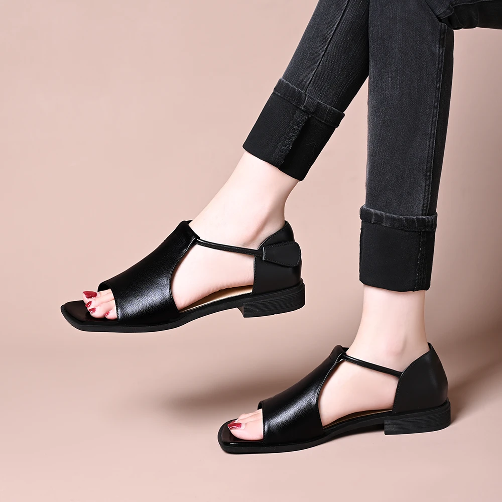 头层牛皮复古平底凉鞋女夏季新款魔术贴露趾鱼嘴百搭舒适罗马凉鞋