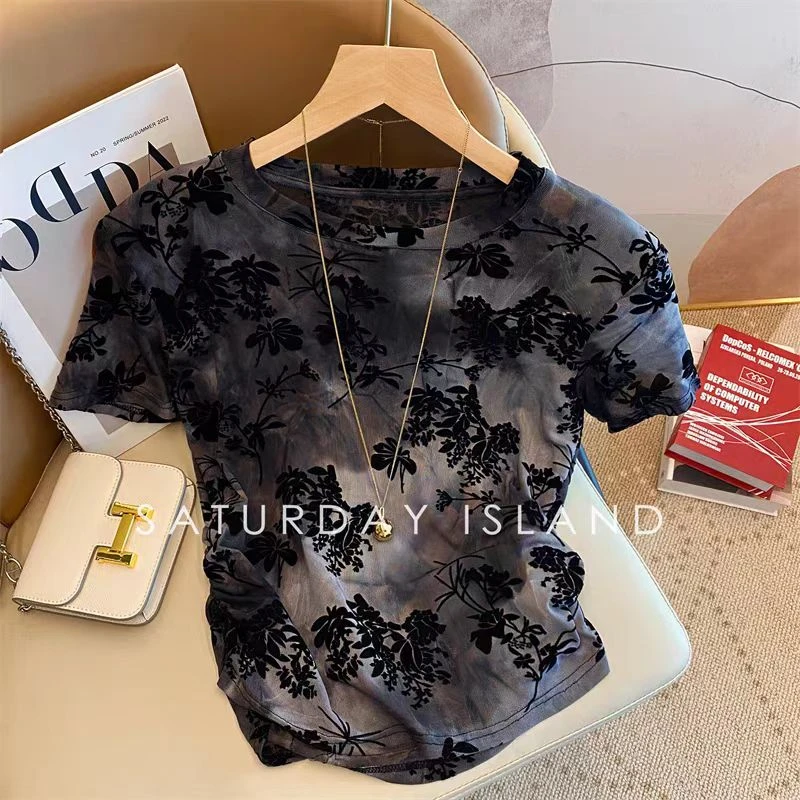 432号2025夏韩国网纱植绒小衫