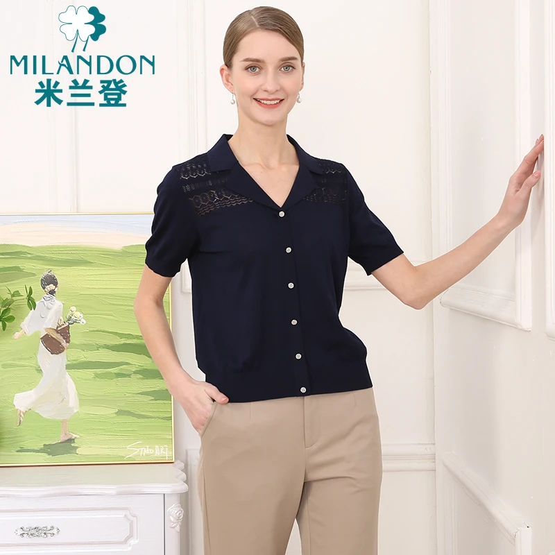 MILANDON/米兰登夏季薄款气质针织衫纯色透气女短袖上衣WP2W1111