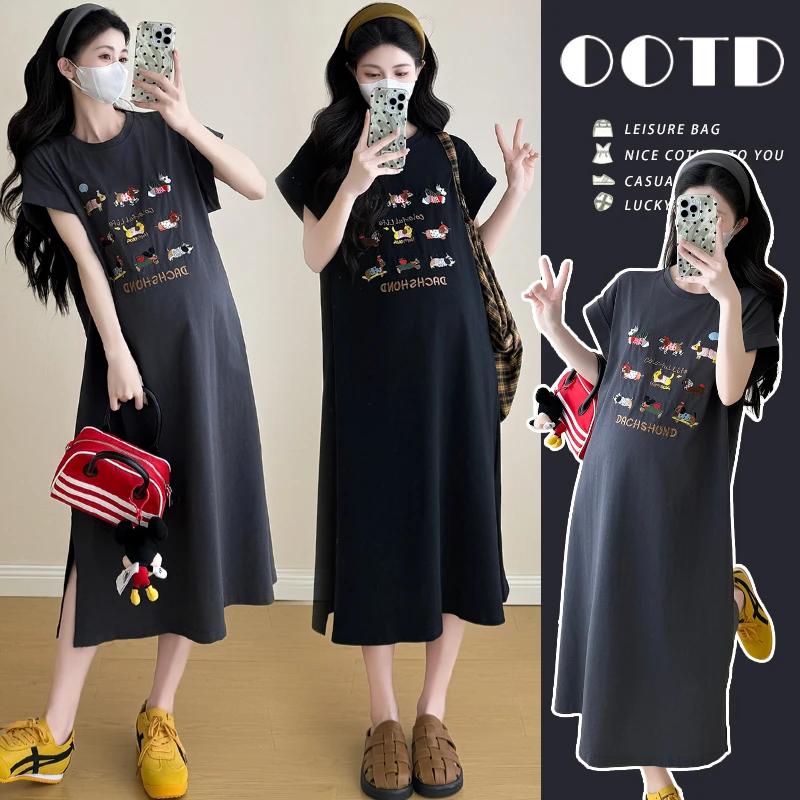 孕妇连衣裙时髦2025夏季新品韩版百搭设计刺绣小狗显瘦孕妇连衣裙