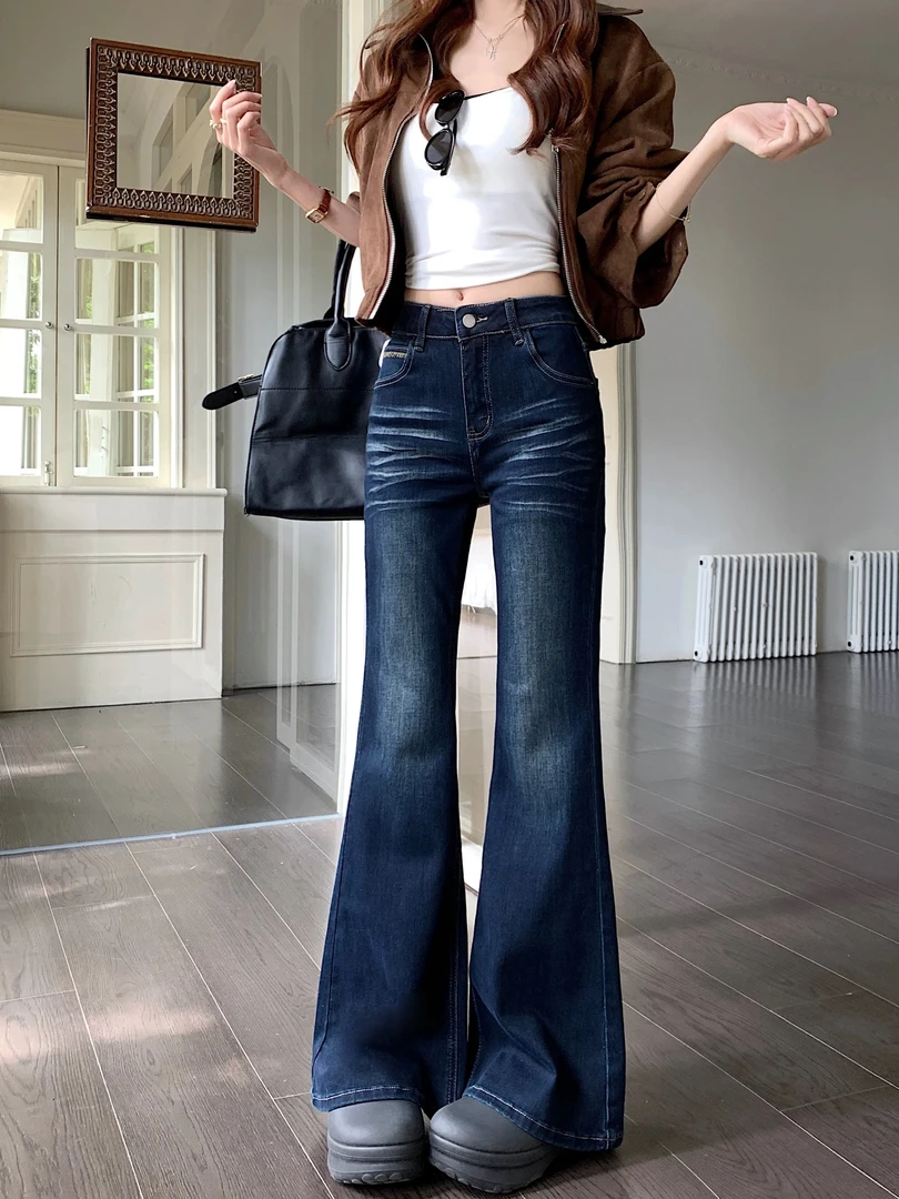 【福】性感风阔腿微喇裤高弹长裤牛仔裤时尚阔腿裤喇叭裤