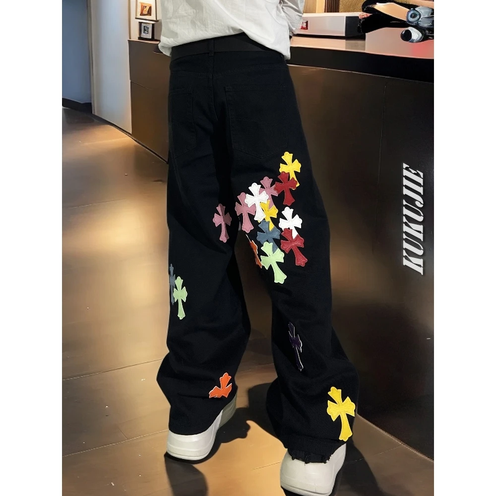 巴黎潮牌高级感刺绣印花牛仔裤男秋季痞帅宽松直筒垂感个性阔腿裤