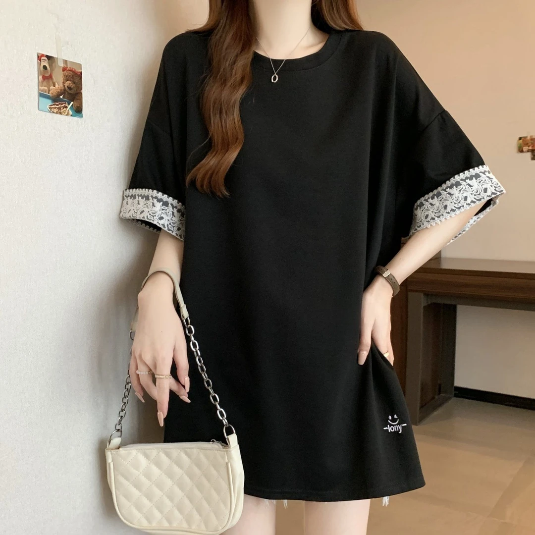 大码蕾丝拼接短袖t恤女士夏季欧货大版显瘦宽松中长款圆领上衣服