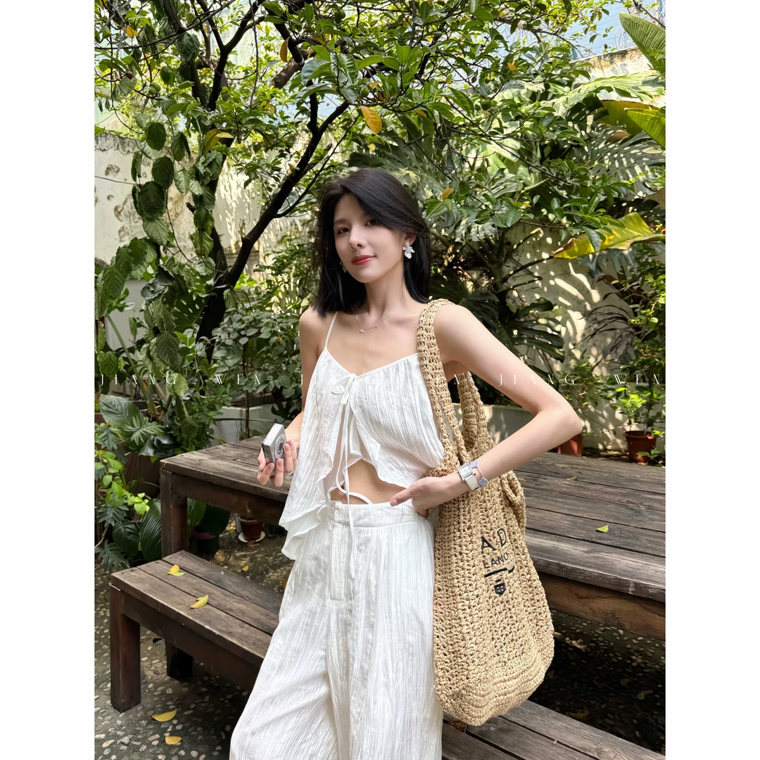 【白崖之境】夏季不规则吊带背心+高腰显瘦百搭垂感直筒阔腿裤套装