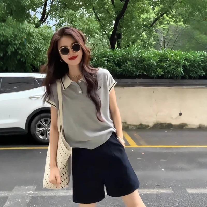别致灰色polo衫正肩冰丝短袖t恤女夏季小个子显瘦宽松针织衫上衣