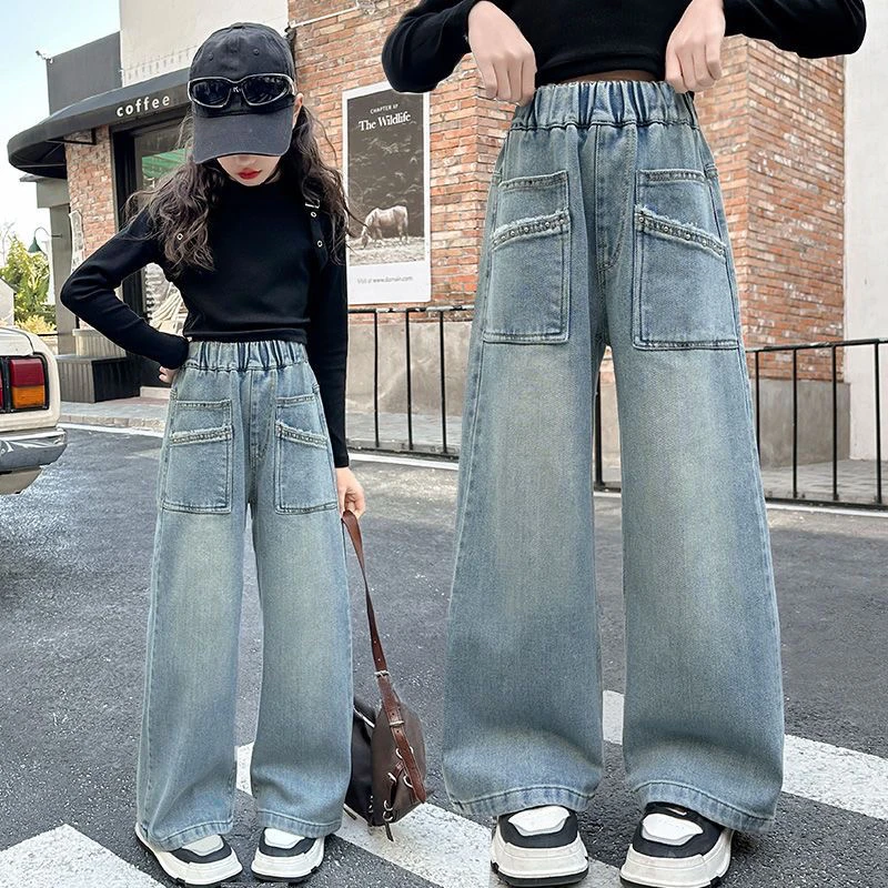女童秋季长裤中大童显瘦韩版爆款口袋铆钉洋气直筒高腰牛仔裤