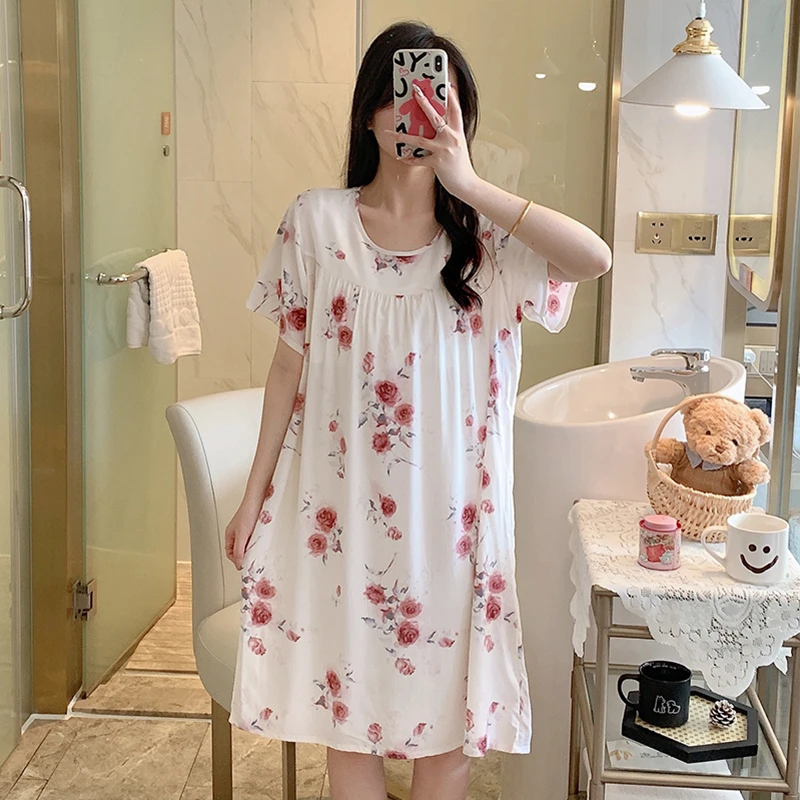 春秋天棉绸睡裙女夏季中长款裙子薄款绵绸加大码宽松人造棉睡衣