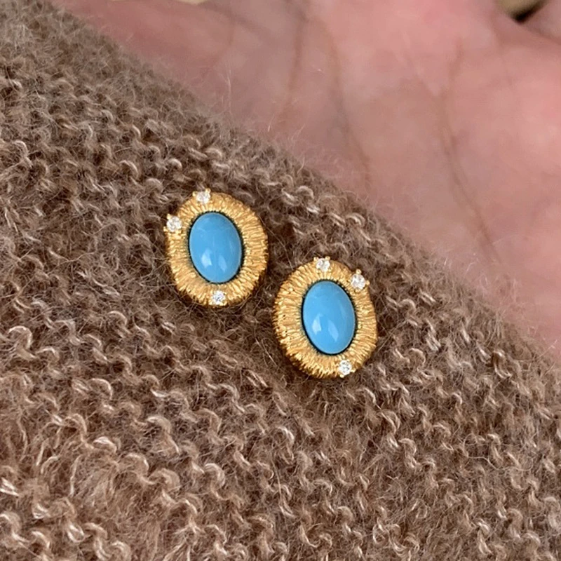 铜合金磁石耳饰 爆款中古风蓝松拉丝耳钉女2024新款秋冬搭配微镶