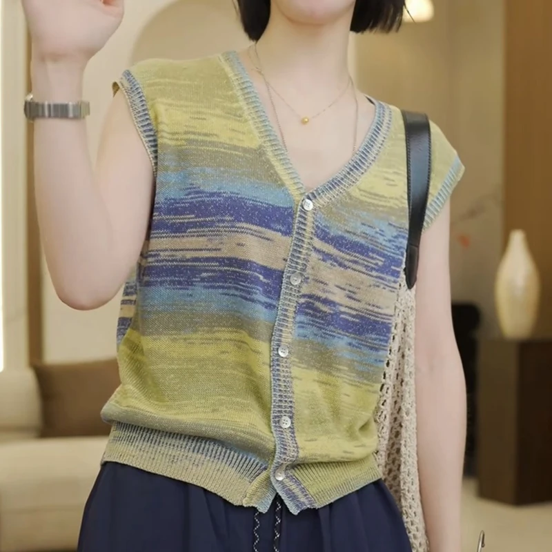 2025夏季新款法式百搭V领拼色开衫上衣LK2504896