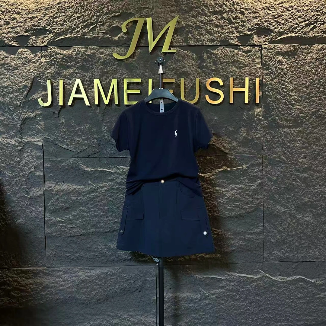 新款现货夏季藏蓝色刺绣拼接工装半裙百搭时尚休闲套装1245