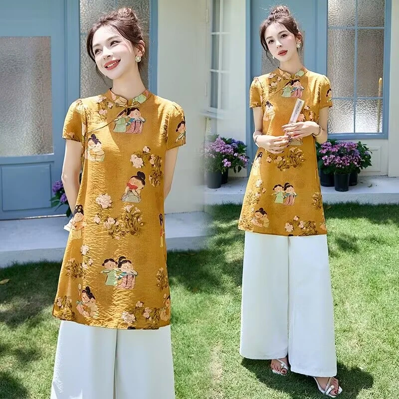 新中式中国风民族风时尚套装气质时尚中长款印花夏季新国风上衣