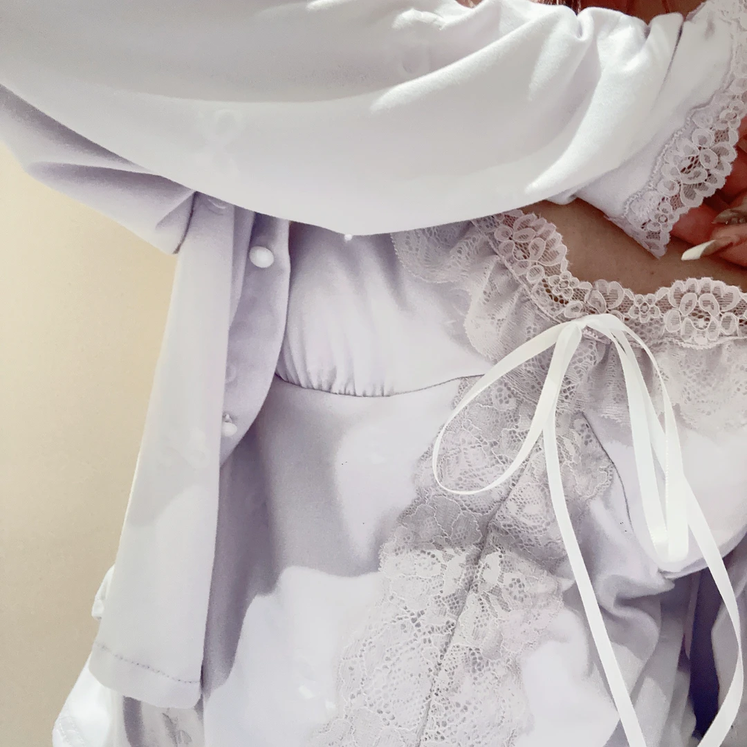 春夏新款带杯垫吊带三件套蝴蝶结压花睡衣甜美透气长袖套装1759