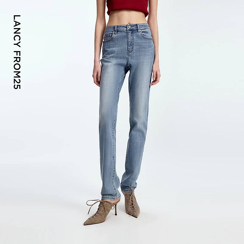 朗姿棉质气质休闲显瘦牛仔裤新款紧身直筒休闲长裤2025年秋季新款