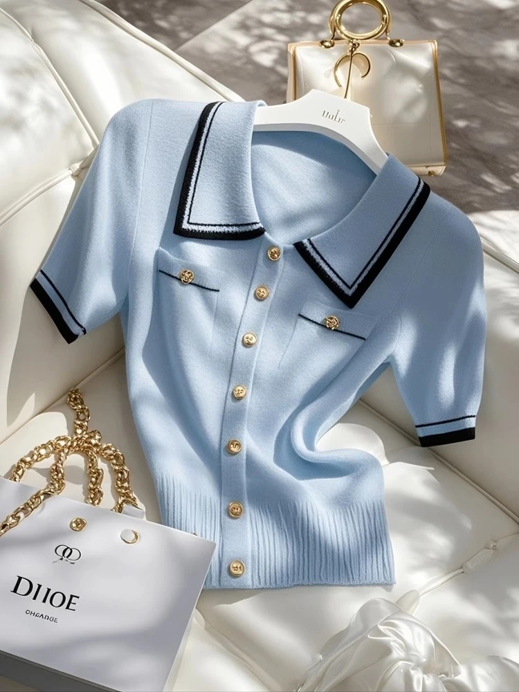 高级感小众翻领短袖t恤女2025春季新款简约针织衫拼色纽扣上衣
