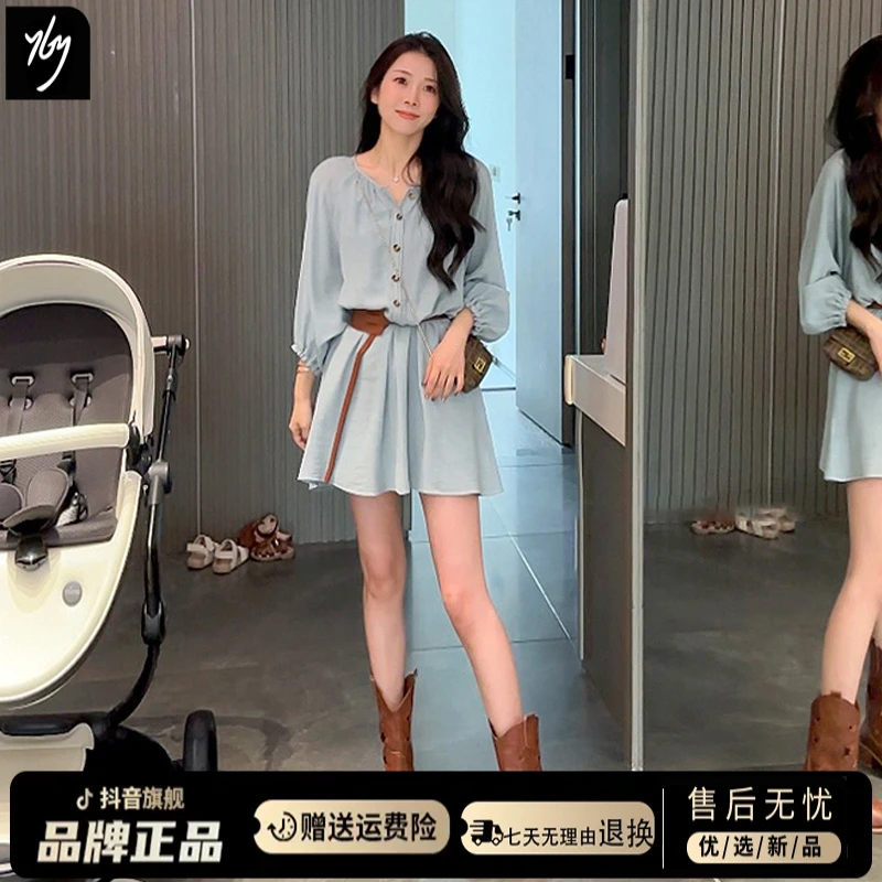 小个子法式长袖蓝色连衣裙女夏季2025年新款春秋高级感度假风短裙