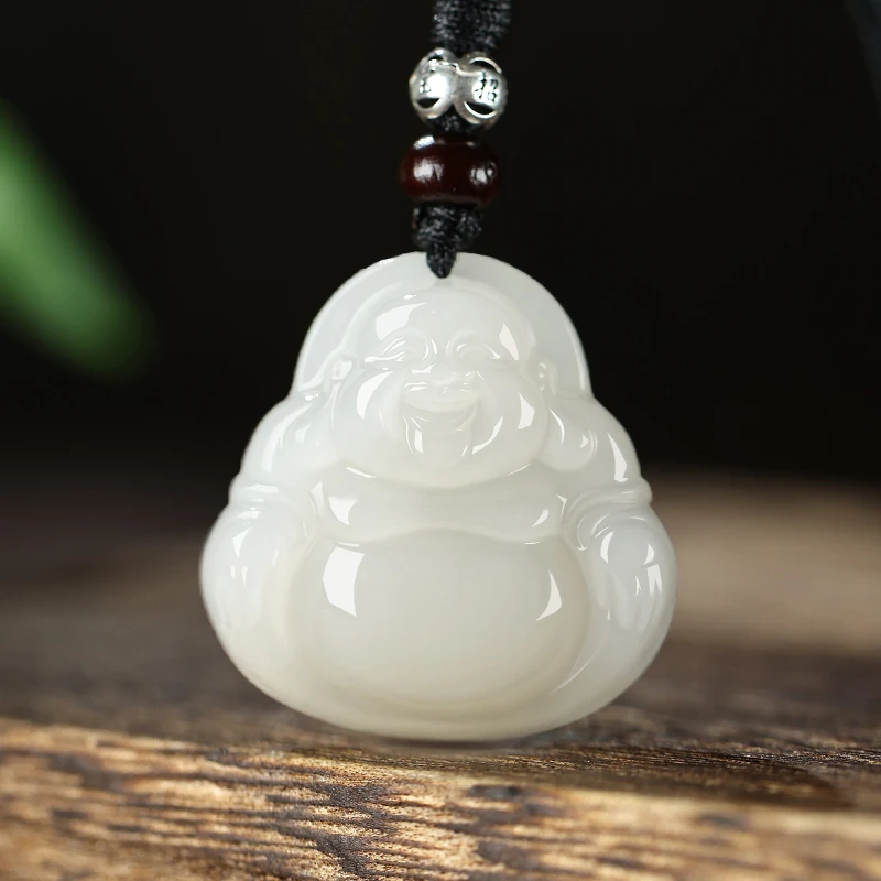 天然新疆和田玉羊脂玉佛吊坠女士玉石弥勒佛项链笑佛玉佩佛公挂件
