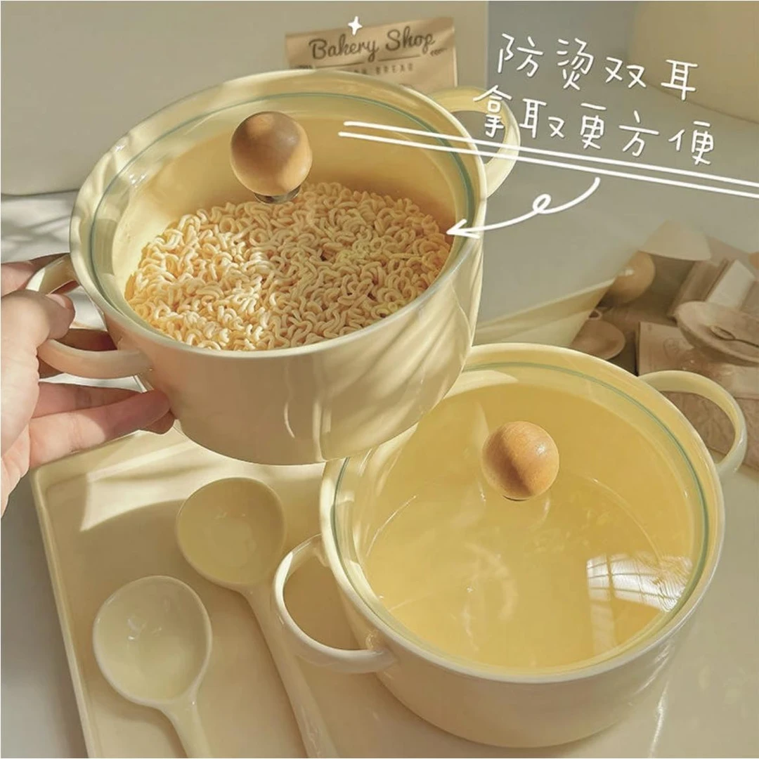 奶fufu少女心学生宿舍泡面碗带盖大容量陶瓷防烫双耳饭碗可微波