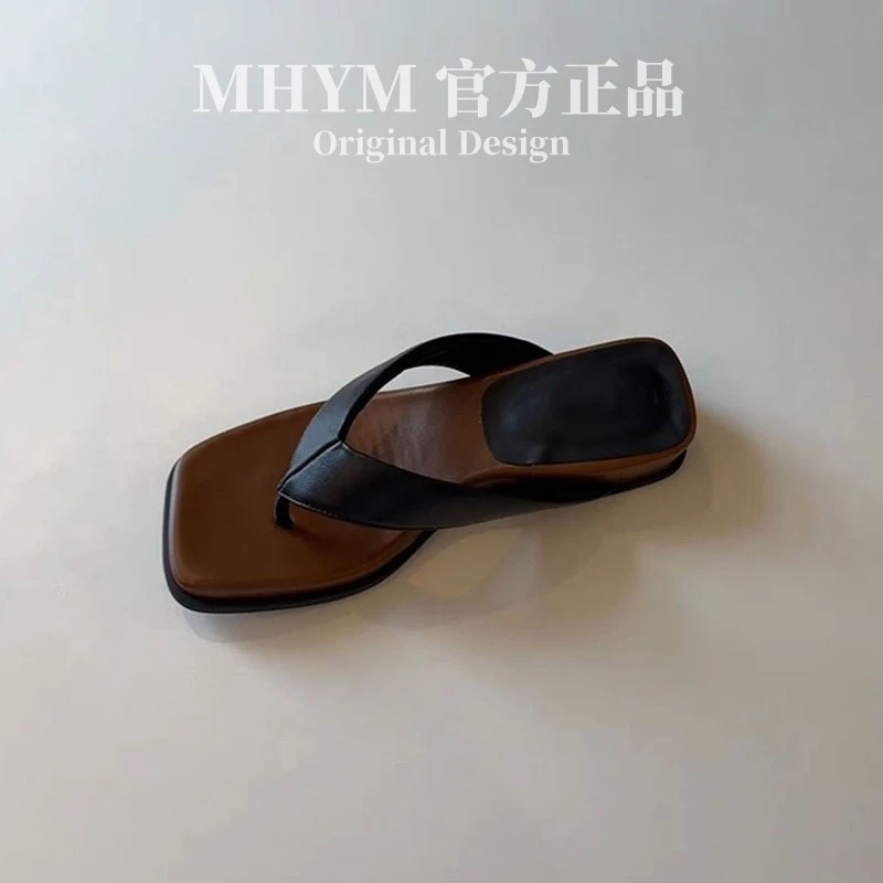MH官方法式厚底通勤踩屎感夹脚人字拖鞋女简约百搭真皮凉拖鞋夏